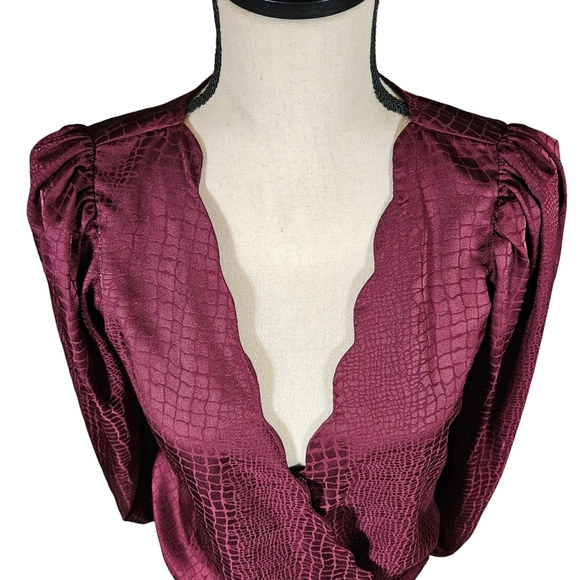 Socialite Long Sleeve Wrap Front V Neck Body Suit, Plum Purple, Small - Picture 2 of 16